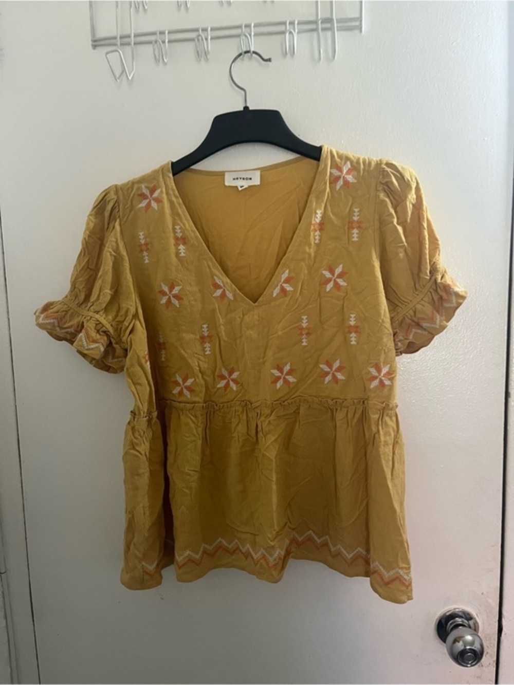 Heyson  Mustard Yellow Embroidered V-Neck Peasant Tunic